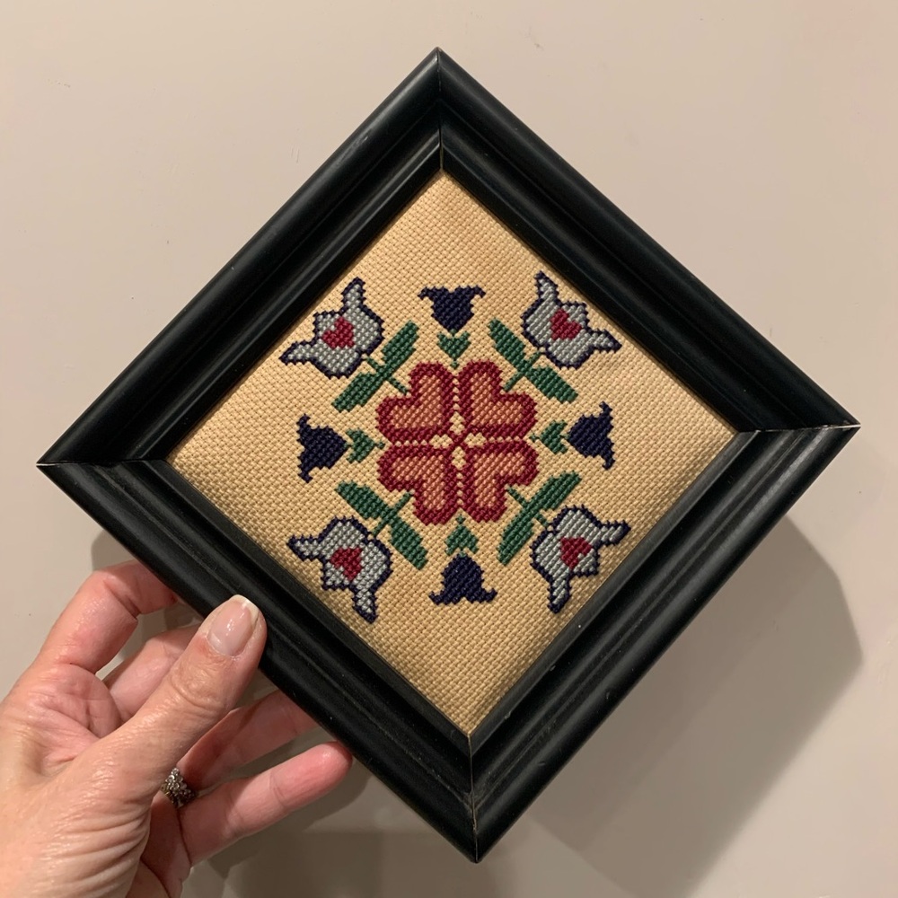Framed piece of Ink Circles “Harvest Lilies" cross-stitch needlework Wall Art